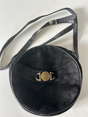 Vintage Browns Black Leather and Suede Round Crossbody Bag/ Brass Tone Accent